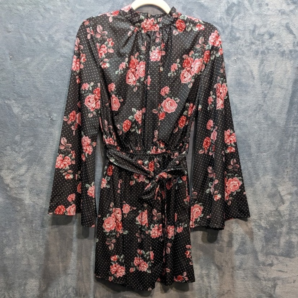 Parisian Floral Polka Dot Mini Dress Bell Sleeve Mock Neck Black Red Size 8 NWT